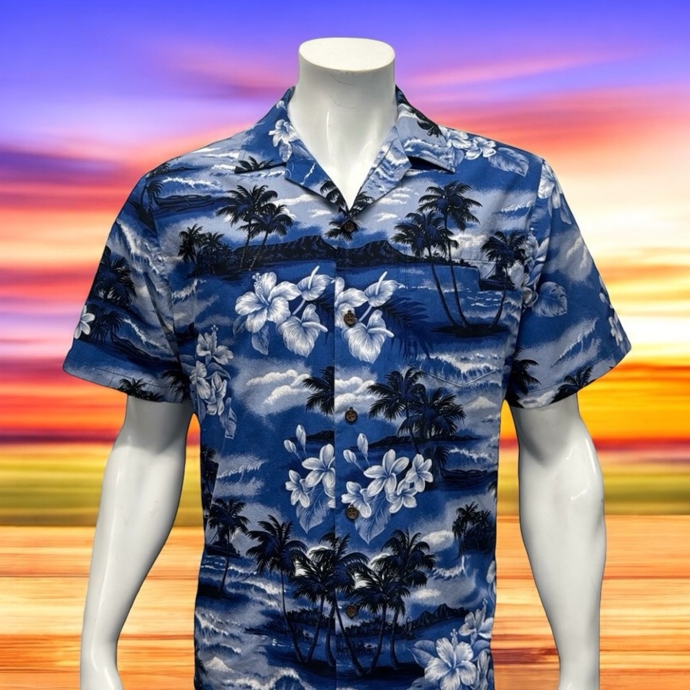 Vintage Authentic RJC Made in Hawaii Blue Floral Hawaiian Camp Shirt Size Large